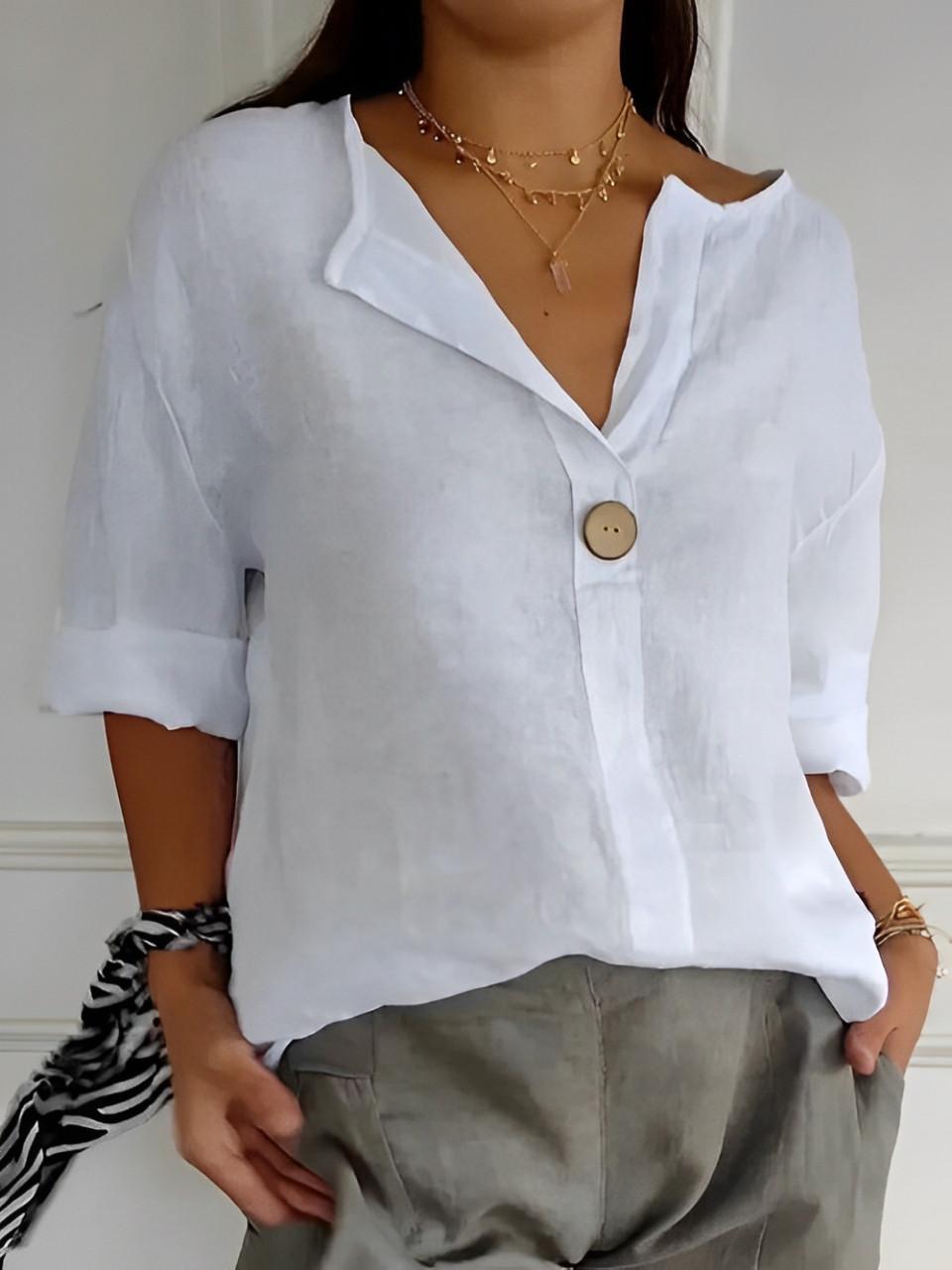 Linen V-Neck Blouse with 3/4 Sleeves for Women | Ideal for Everyday Wear