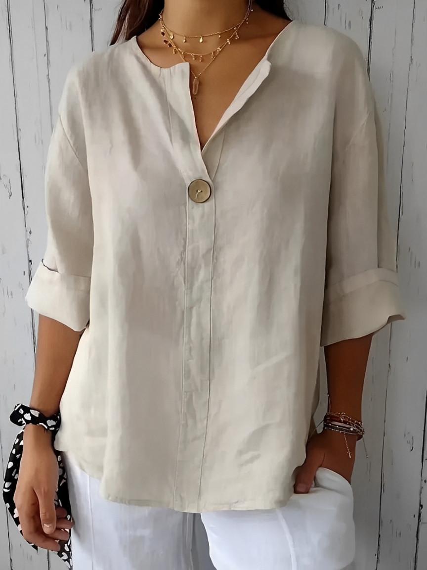 Linen V-Neck Blouse with 3/4 Sleeves for Women | Ideal for Everyday Wear