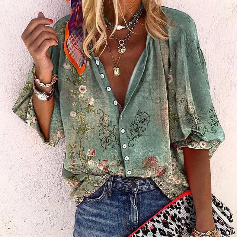 Printed Three-Quarter Sleeve Blouse for Women