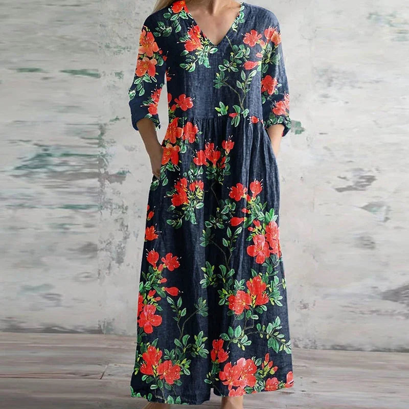 Retro print long dress for women