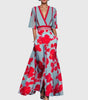 Women's Printed Pleated Long Dress with V-Neck