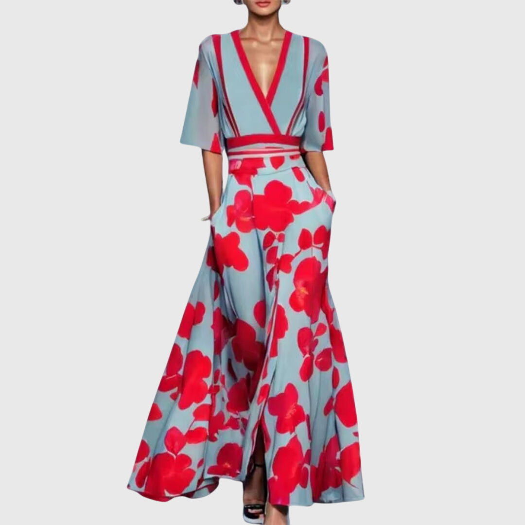 Women's Printed Pleated Long Dress with V-Neck