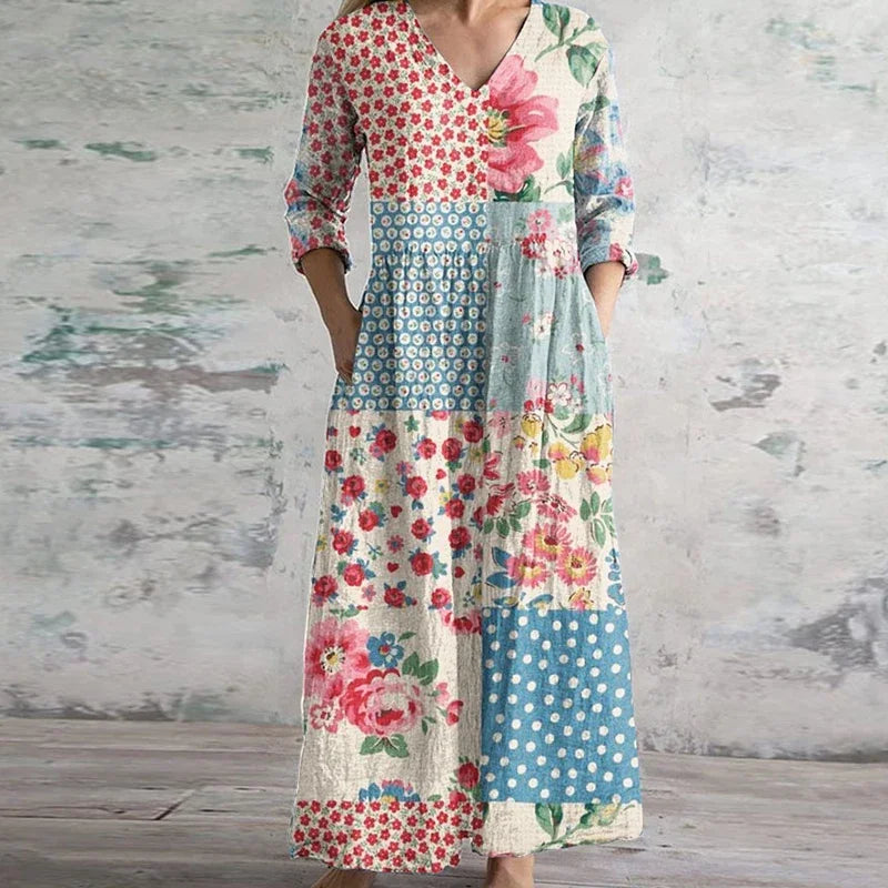 Retro print long dress for women