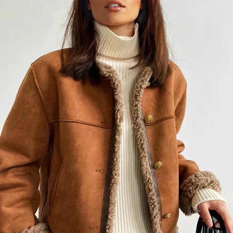 Structured Short Suede Jacket with Shearling Trim for Women