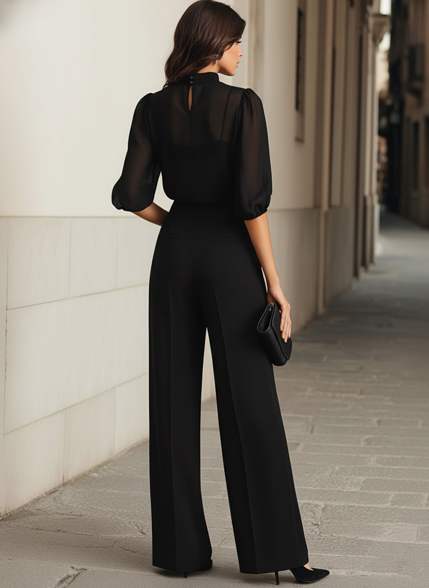 Three-Piece Set with Sheer Blouse and Wide-Leg Pants for Women | Ideal for Banquets
