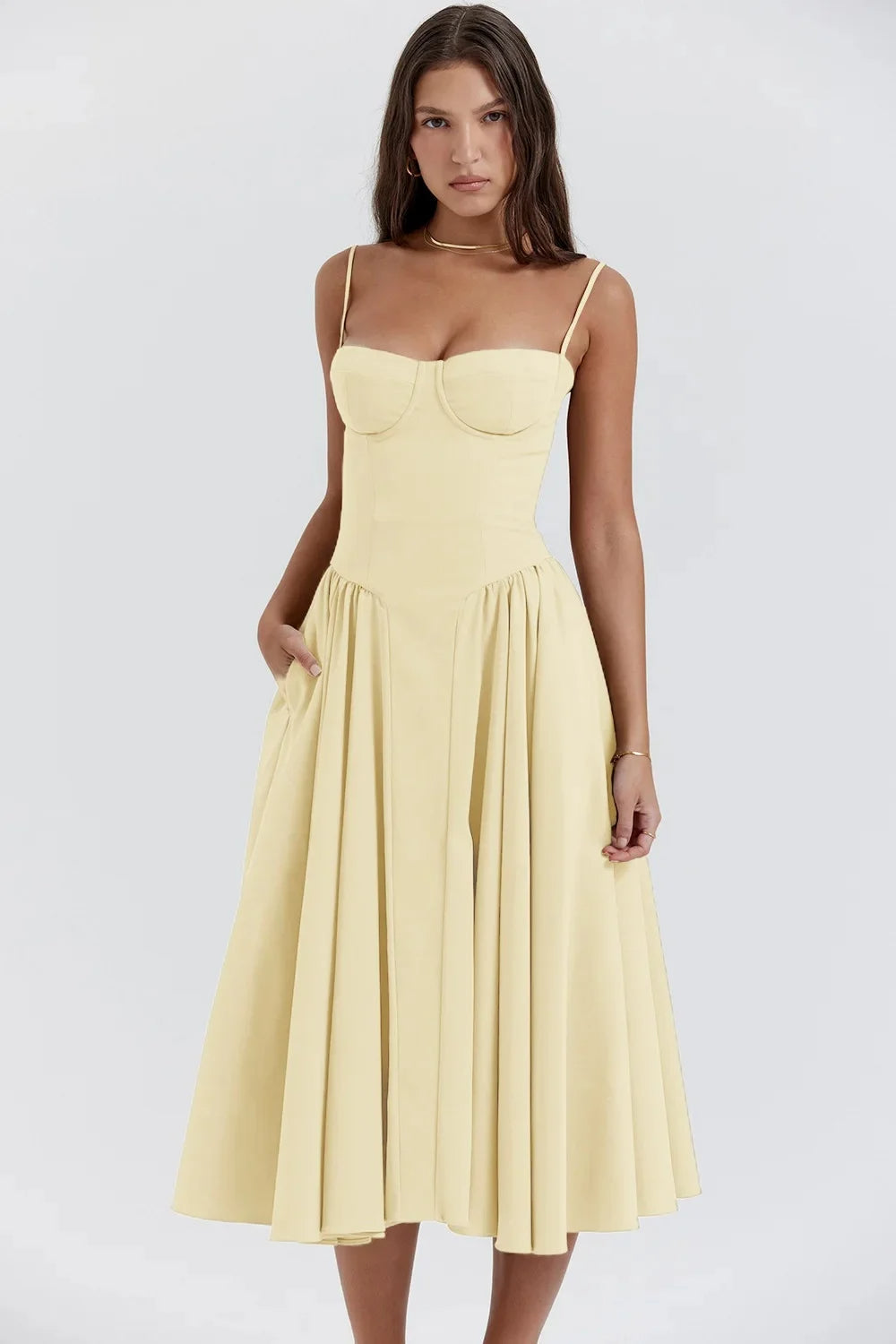 Fitted and Pleated Midi Dress with Straps for Women | Perfect for Going Out