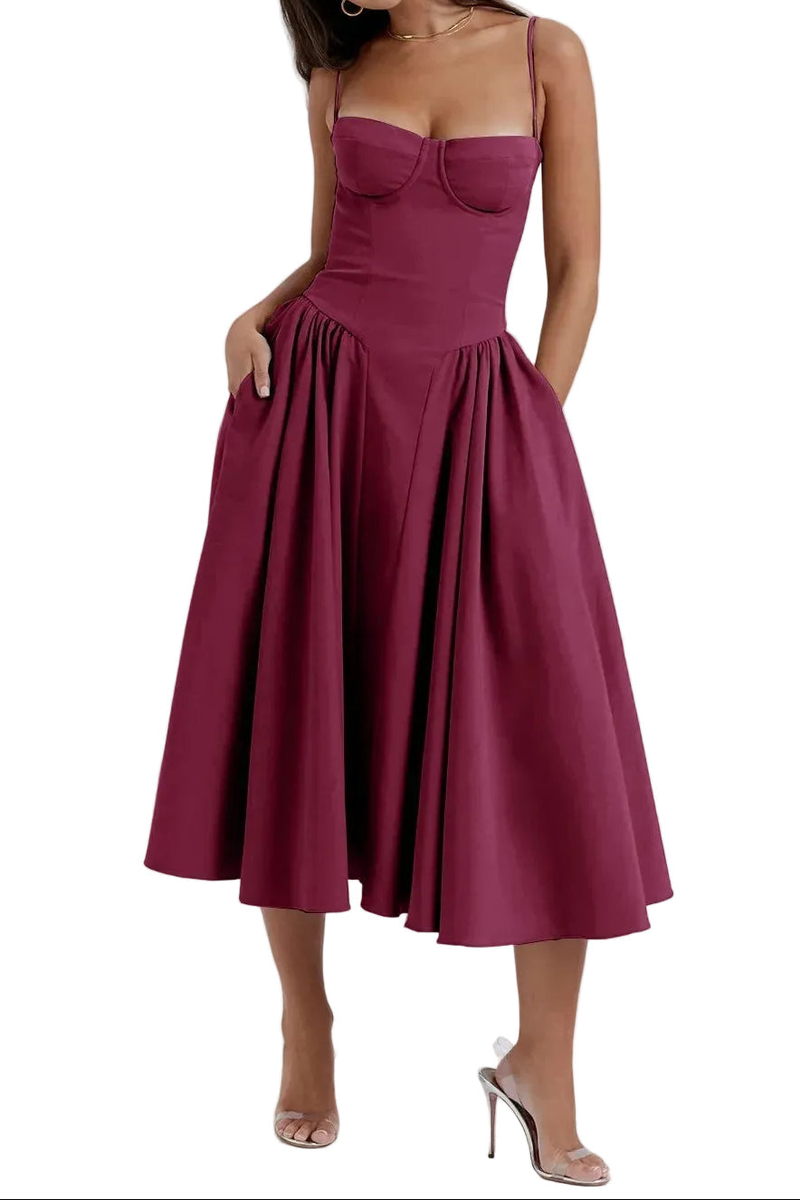 Fitted and Pleated Midi Dress with Straps for Women | Perfect for Going Out