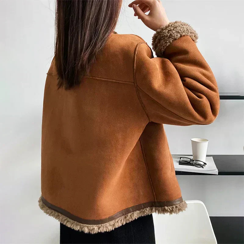 Structured Short Suede Jacket with Shearling Trim for Women