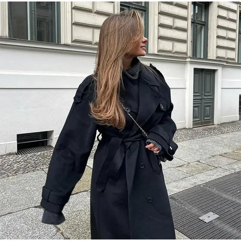 Long double-breasted trench coat for women