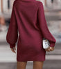 Short Slim Fit Sweater Dress with Puff Sleeves and Turtleneck for Women