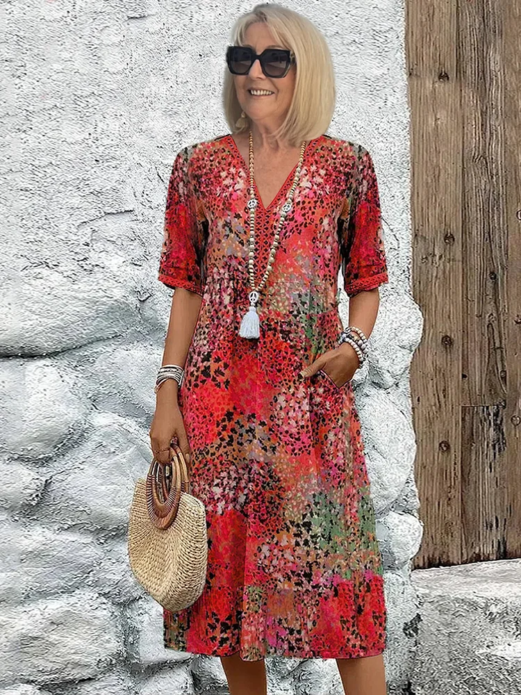 Floral Midi Dress with Short Sleeves for Women