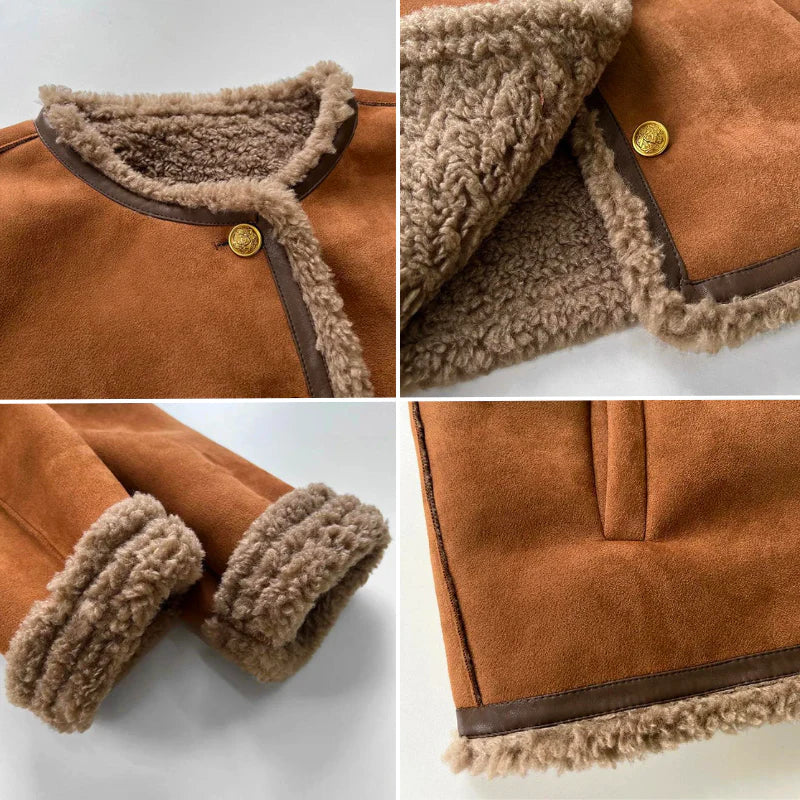 Structured Short Suede Jacket with Shearling Trim for Women