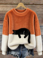 Casual sweater with cat pattern for women