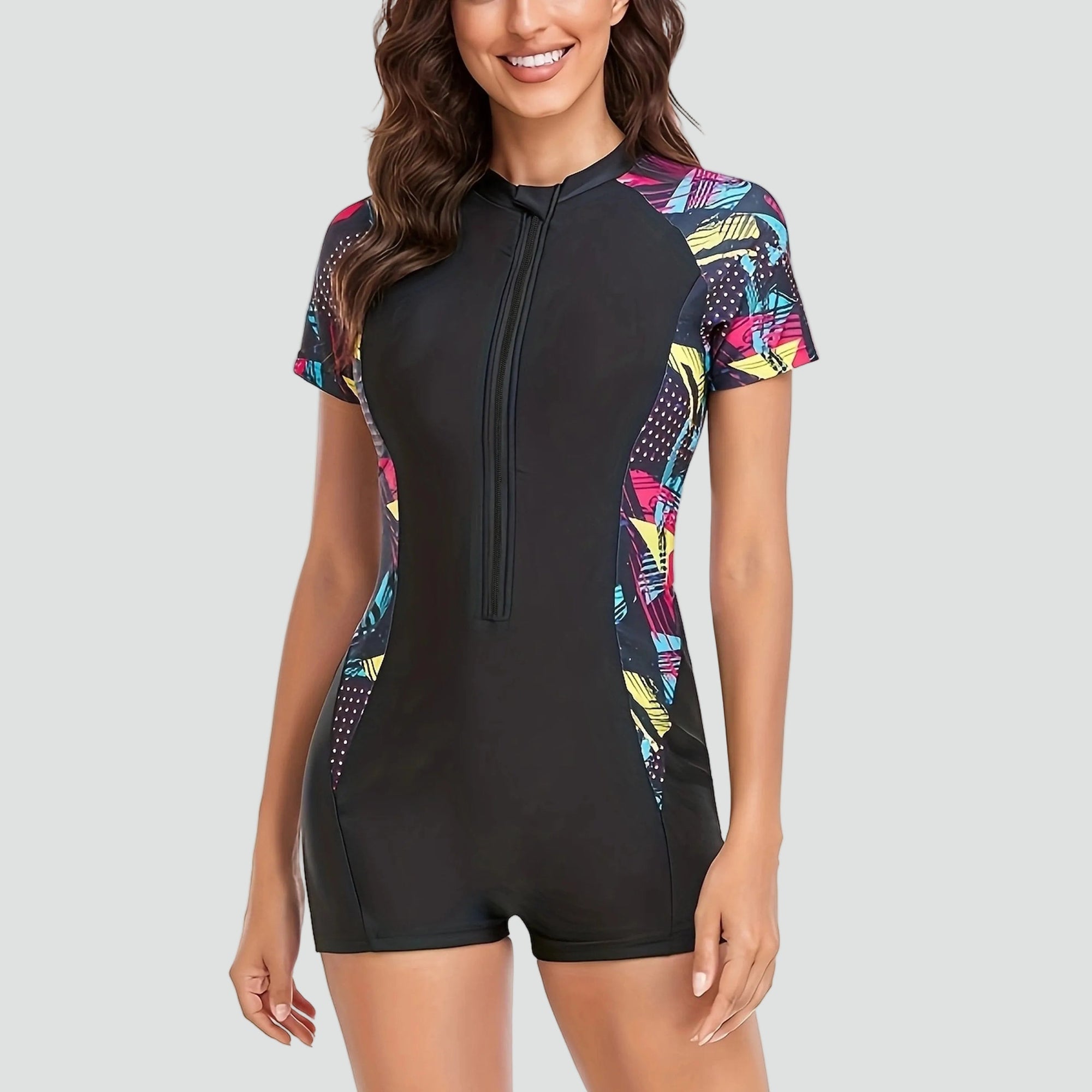 Short-Sleeve One-Piece Swimsuit with Zipper for Women | Perfect for Summer