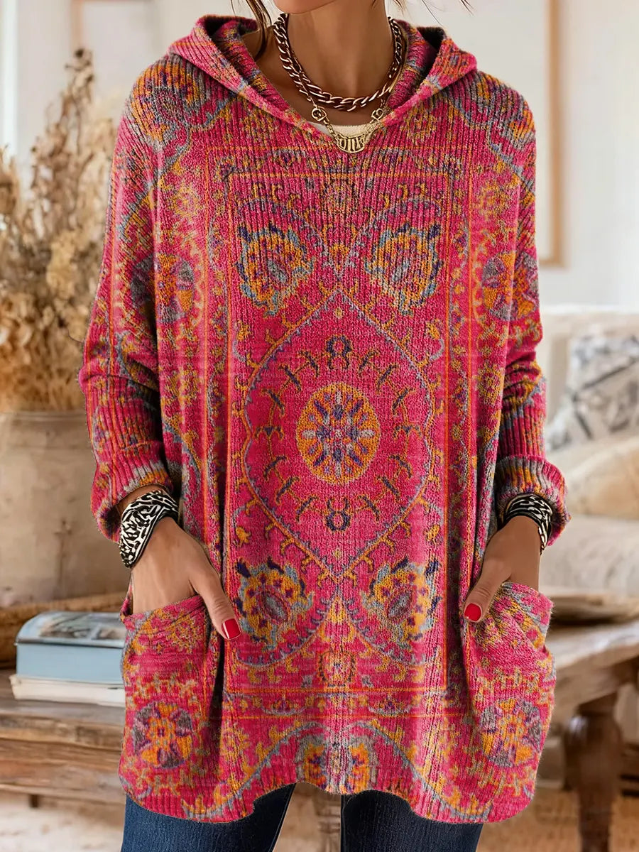 Ethnic Print Knitted Hoodie Tunic for Women