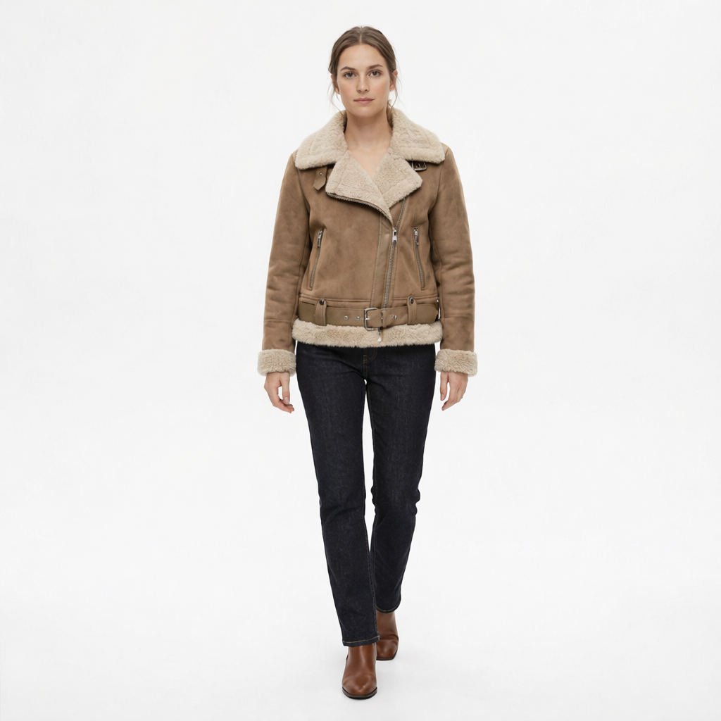 Women's Loose-Fit Suede Aviator Jacket with Belt