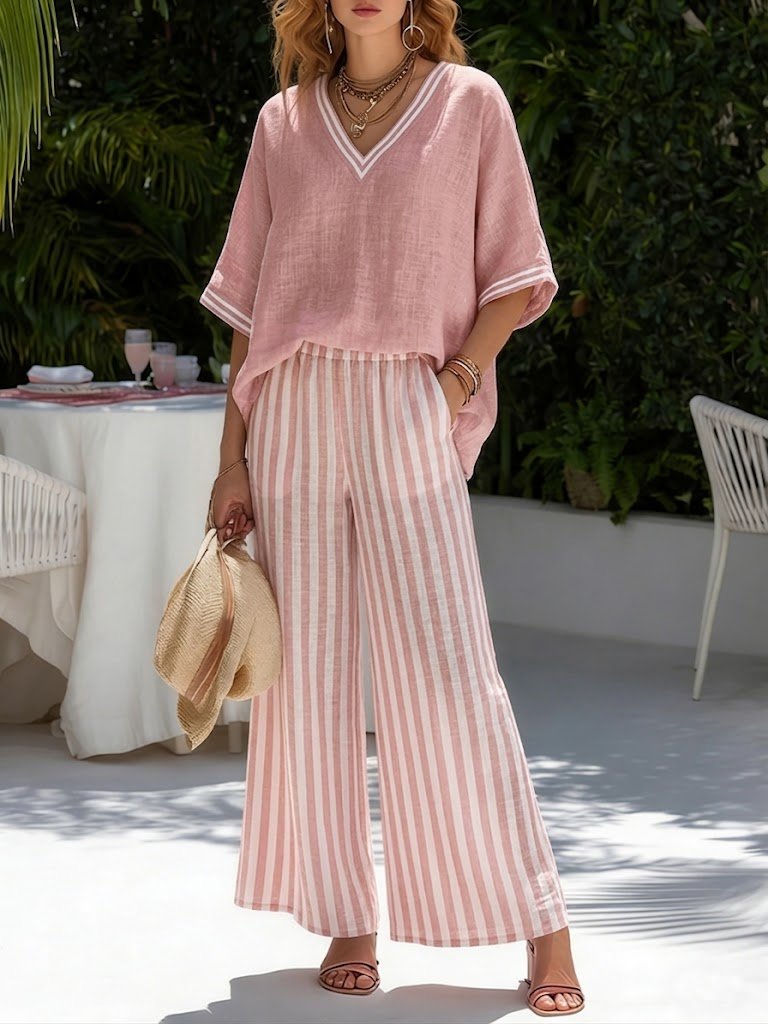 Women's Linen and Cotton Set with Wide-Leg Striped Pants and V-Neck Top