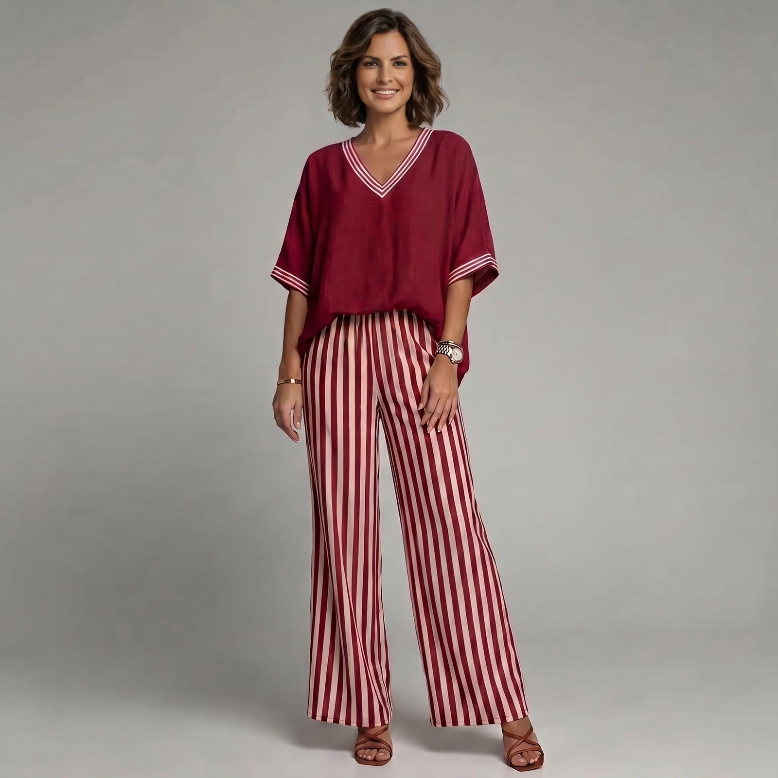 Women's Linen and Cotton Set with Wide-Leg Striped Pants and V-Neck Top