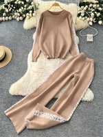 Ensemble Tricoté Top à Manches Longues et Pantalon à Jambes Larges pour Femme - Emilia Lane