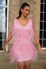Elegant flattering silhouette fringe evening dress