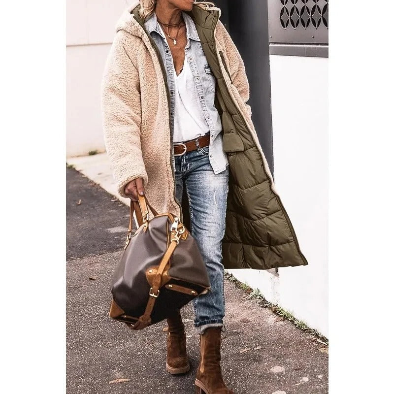 Long Hooded Down Jacket with Sherpa Lining for Women