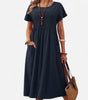 Pleated Round-Neck Dress in Cotton and Linen for Women