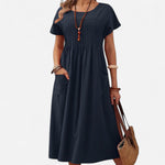 Pleated Round-Neck Dress in Cotton and Linen for Women