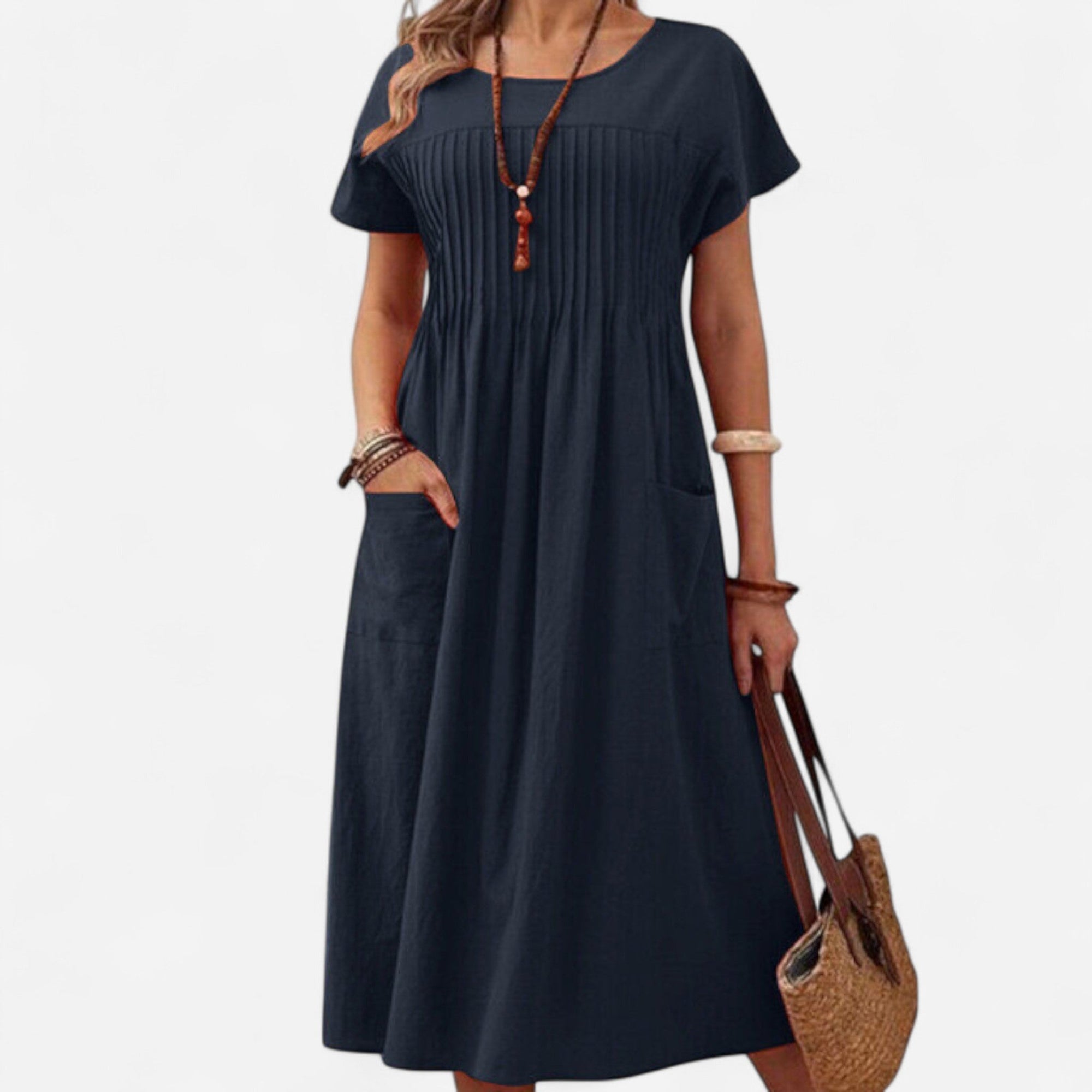 Pleated Round-Neck Dress in Cotton and Linen for Women