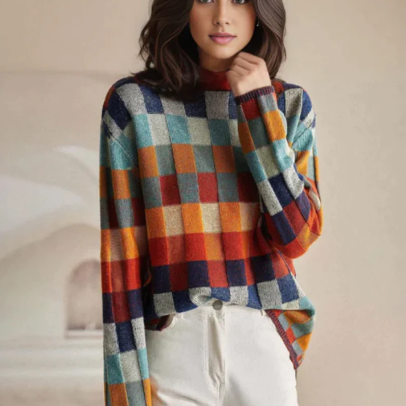 Oversized Checkered Sweater with High Neck for Women