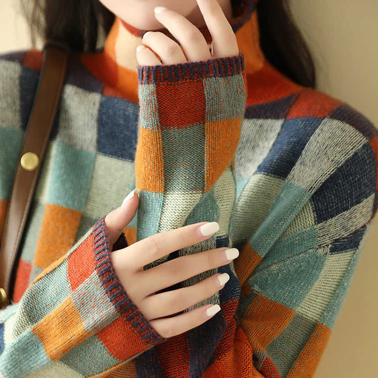 Oversized Checkered Sweater with High Neck for Women