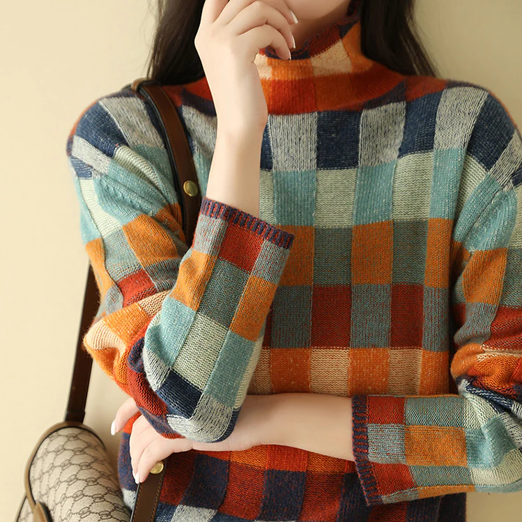 Oversized Checkered Sweater with High Neck for Women