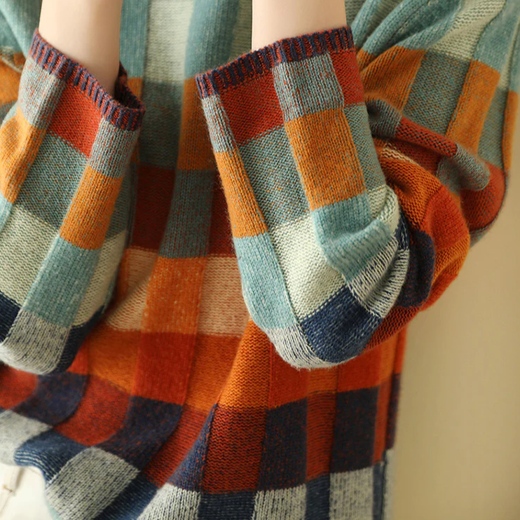 Oversized Checkered Sweater with High Neck for Women
