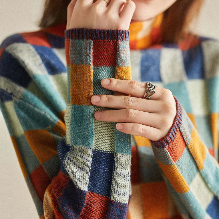 Oversized Checkered Sweater with High Neck for Women