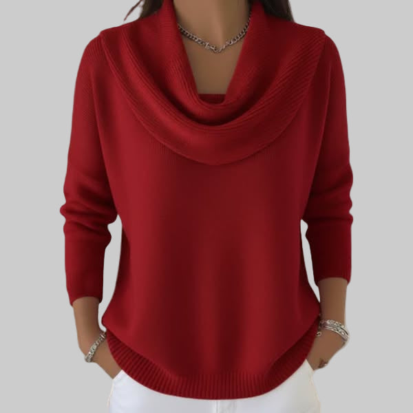 Loose Knit Red Sweater with Cowl Neck and Long Sleeves  