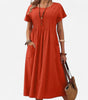 Pleated Round-Neck Dress in Cotton and Linen for Women