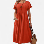 Pleated Round-Neck Dress in Cotton and Linen for Women