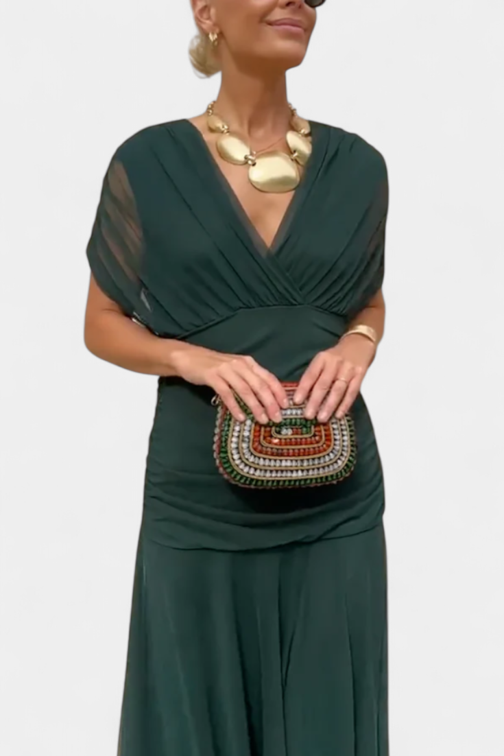 Long floral print dress with V-neck for women