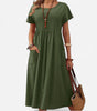 Pleated Round-Neck Dress in Cotton and Linen for Women