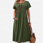 Pleated Round-Neck Dress in Cotton and Linen for Women