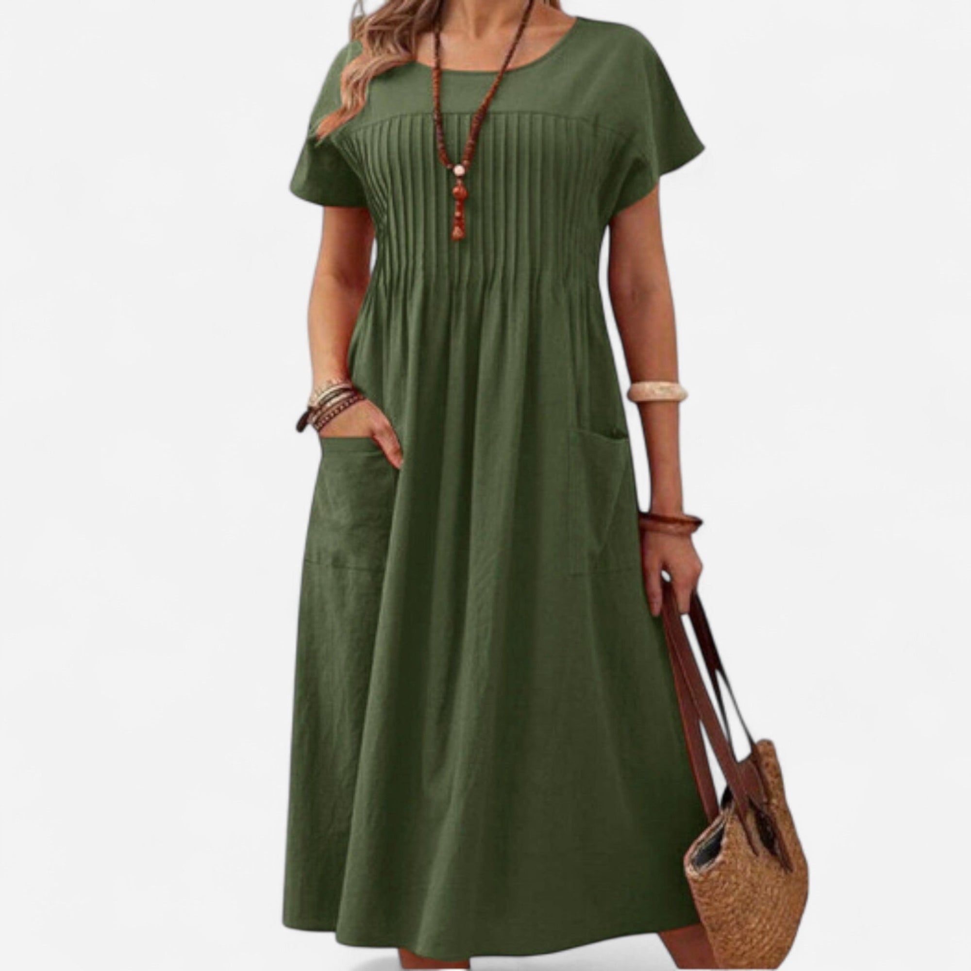 Pleated Round-Neck Dress in Cotton and Linen for Women