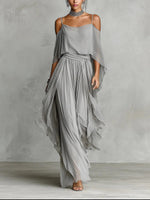 Off-Shoulder Chiffon Set with Wide-Leg Pants for Women | Perfect for Summer