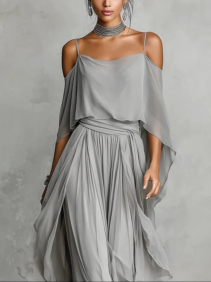 Off-Shoulder Chiffon Set with Wide-Leg Pants for Women | Perfect for Summer