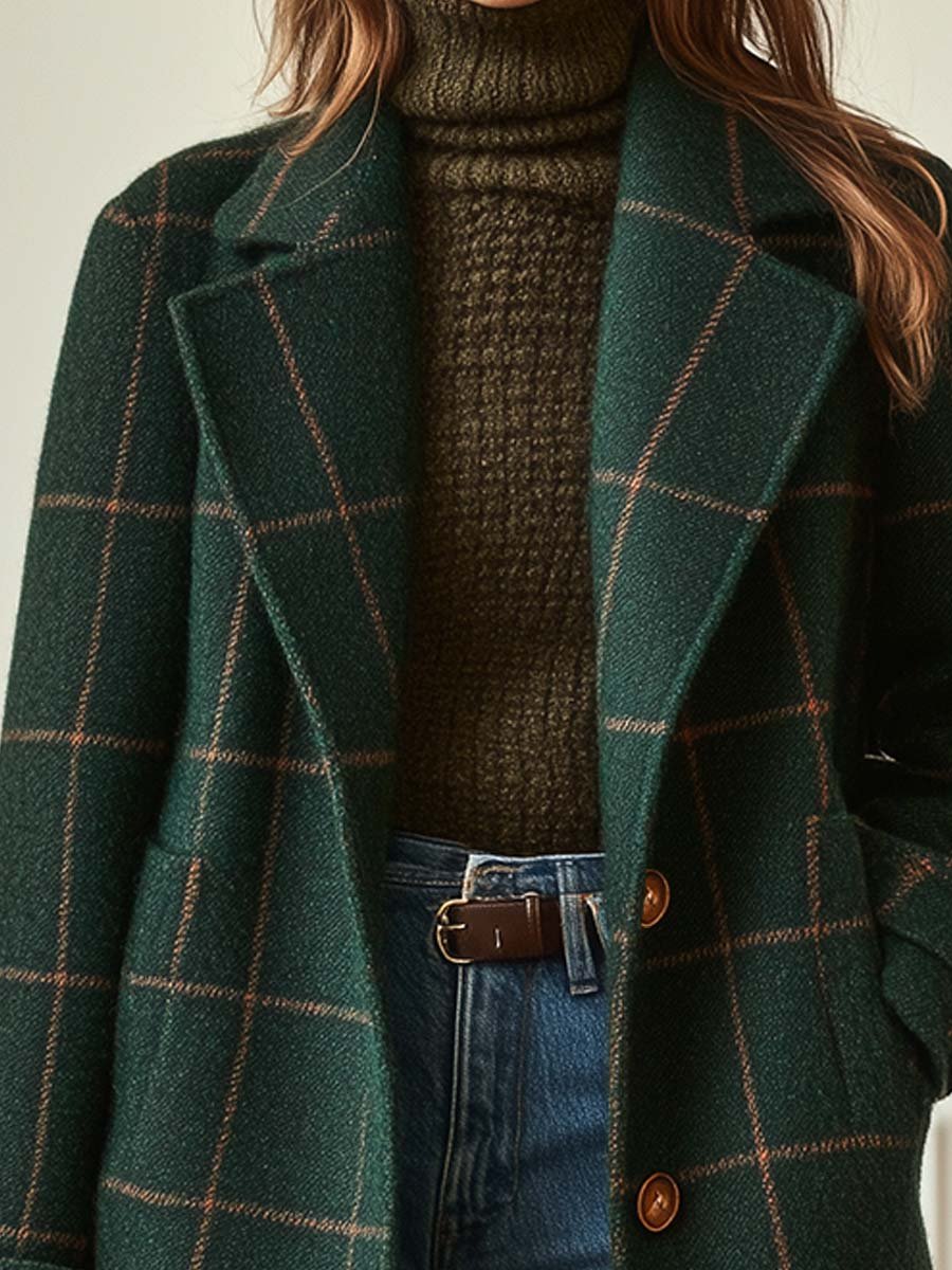 Plaid Wool-Effect Fabric Coat for Women