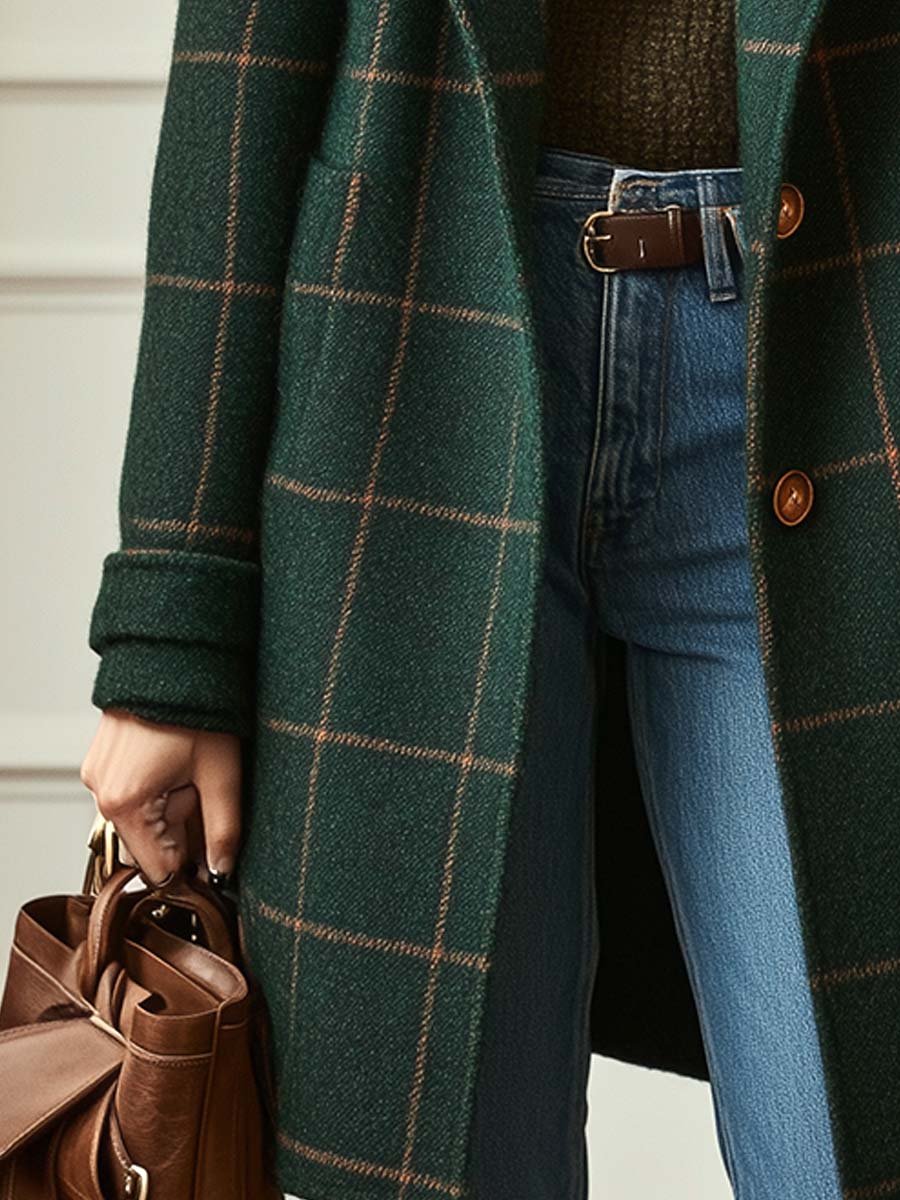 Plaid Wool-Effect Fabric Coat for Women