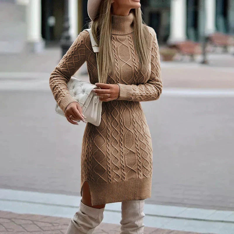 Fitted Short Long-Sleeve Sweater Dress with Turtleneck for Women