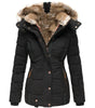 Short Puffer Jacket with Hood and Synthetic Fur for Women