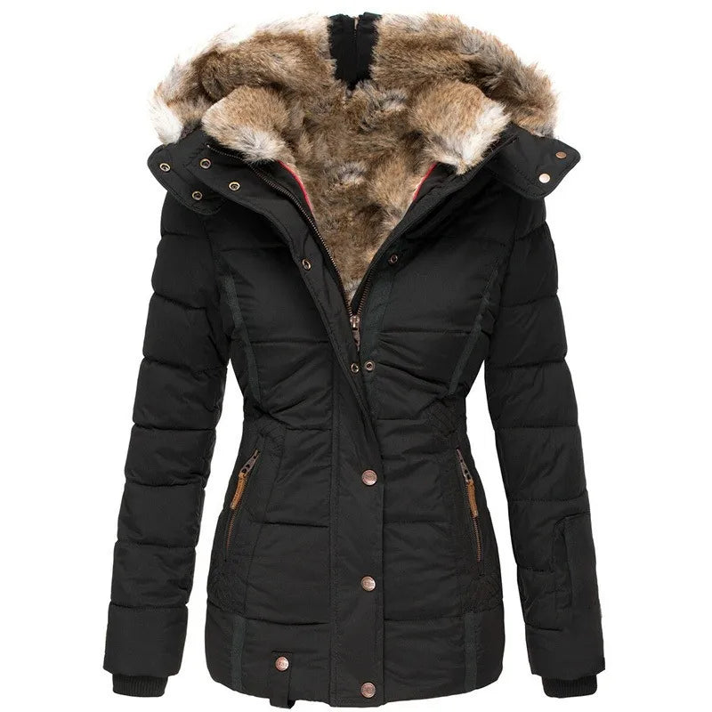 Short Puffer Jacket with Hood and Synthetic Fur for Women