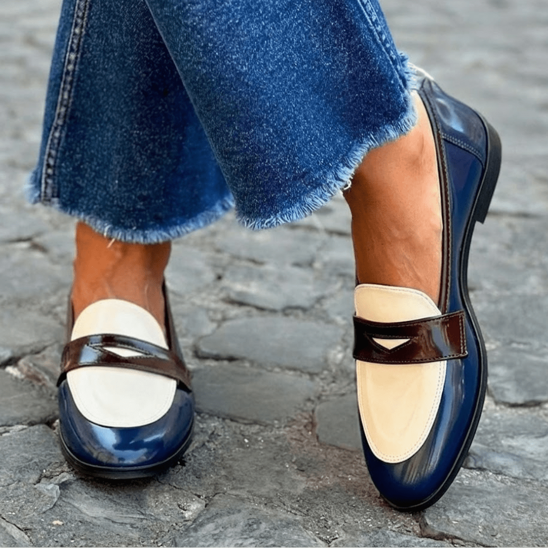 Two-Tone Penny Loafer Moccasin in Patent Faux Leather for Women