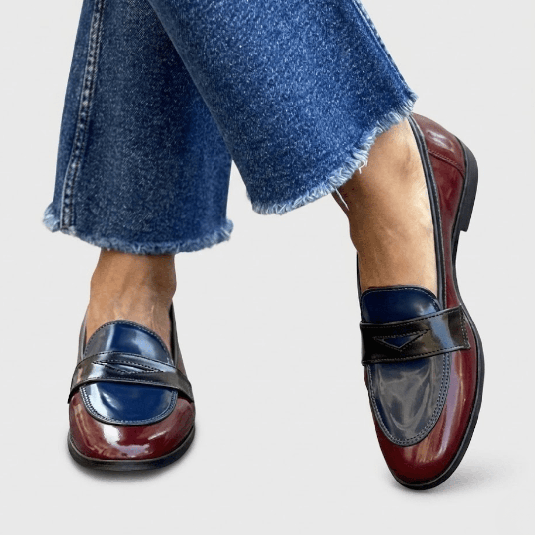 Two-Tone Penny Loafer Moccasin in Patent Faux Leather for Women