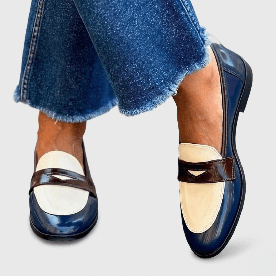 Two-Tone Penny Loafer Moccasin in Patent Faux Leather for Women